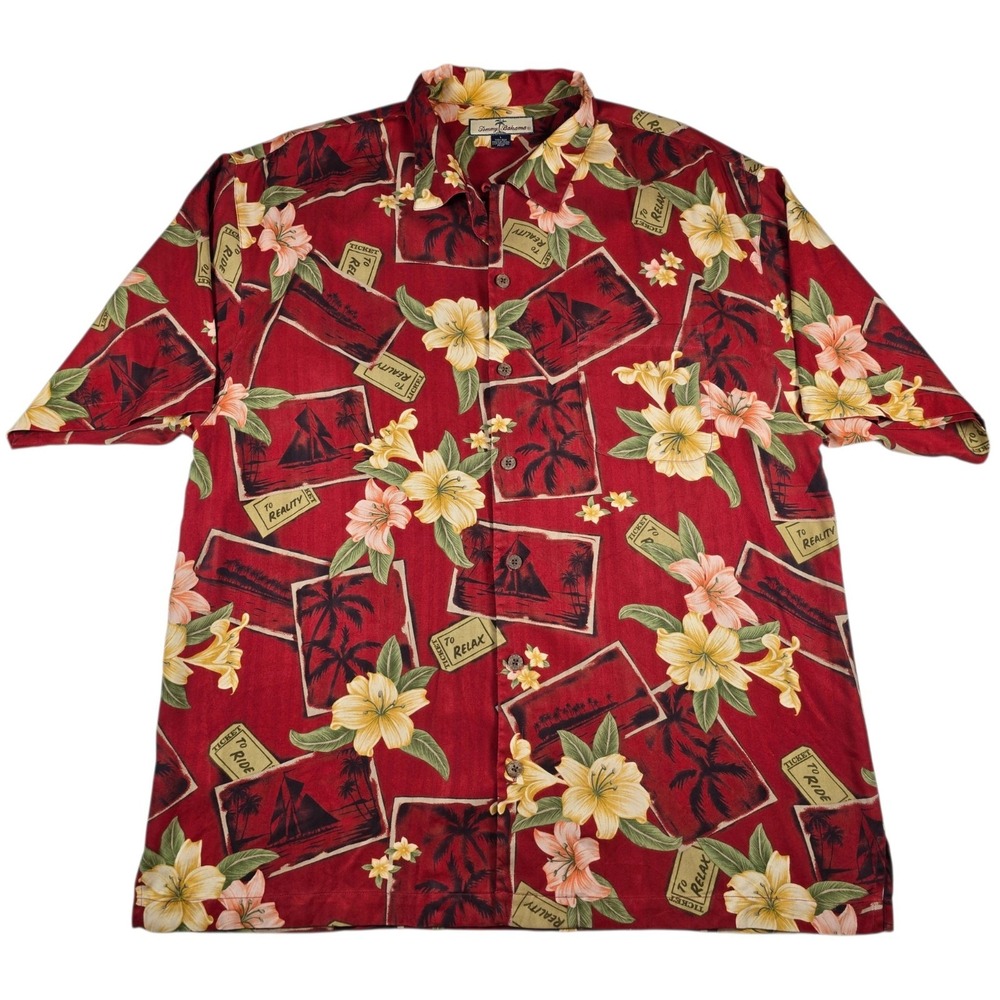 TOMMY BAHAMA Red Floral Relax Ticket Print 100% Silk Hawaiian Camp Shirt Men's L